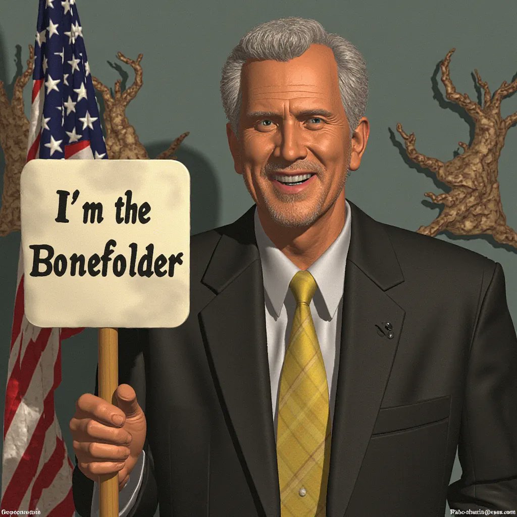 I have been experimenting with an AI that generates images and I'made this funny image of George Bush holding a sign saying  I'm the bonefolder  - I think this is the energy we need more of in the election 